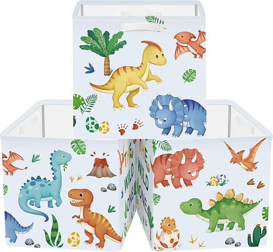 11.8" Boho Dinosaurs Cube Storage Organizer Set 3Pcs Palms Eggs Cube Storage Bin for Bathroom/Bedroom Kid Book Toy Chest, Volcanoes