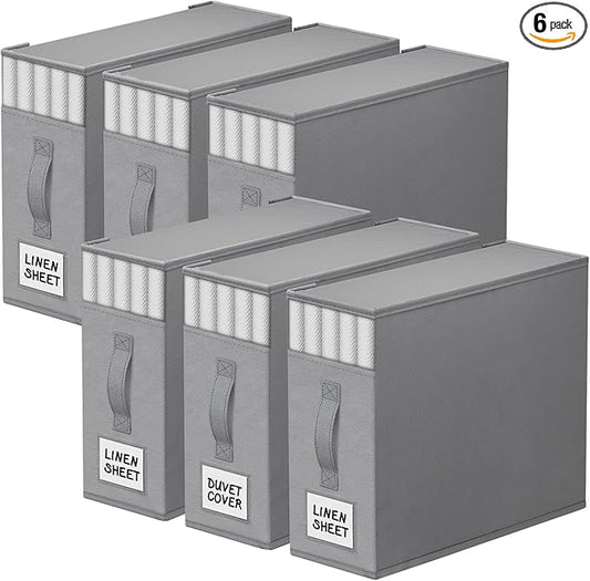 6 Pack Bed Sheet Closet Organizers and Storage,Sturdy Foldable Storage Containers with Window and Label,Storage and Organization for Bedding Sheets,Duvet Covers,Blankets (Grey)