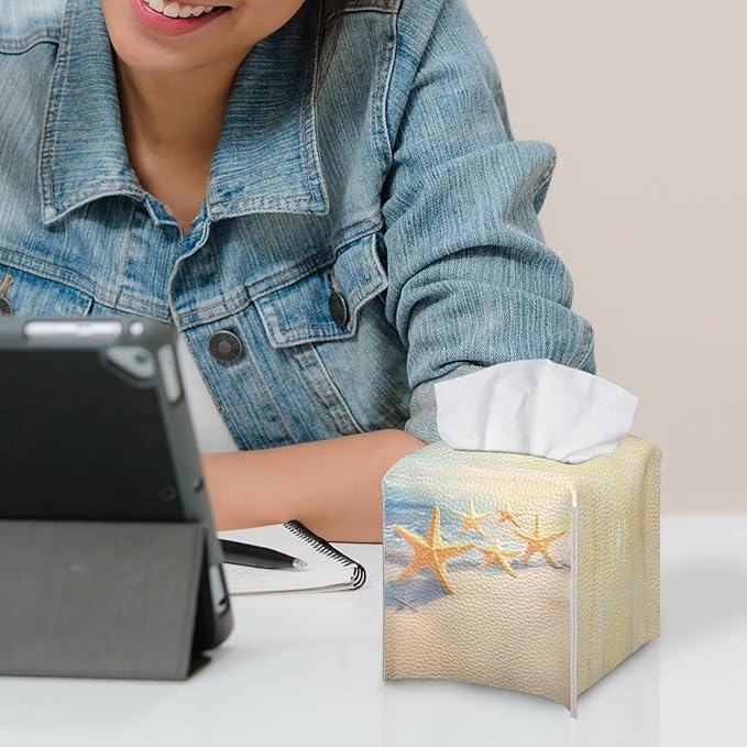 Beach Starfish Tissue Box Covers Foldable Square Facial Tissue Case Waterproof Facial Paper Organizers Dispenser for Bathroom Night Stand