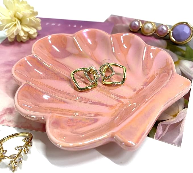 Sea Shell Jewelry Dish, Ceramic Seashell Jewelry Holder, Cute Organizer Plate Vanity Decorations Accessories for Home Bathroom Decor Birthday Mother's Day Christmas Gift for Women