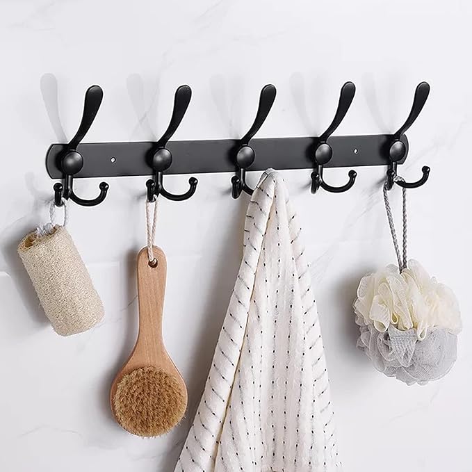 Coat Rack Wall Mounted,5 Tri Stainless Steel Coat Hook for Coat Hat Robes Towel in Mudroom Entryway (Black, 2 Pack 5 Hook)