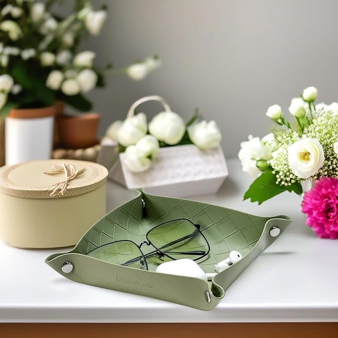 UnionBasic Small Valet Tray, Jewelry Tray for Rings Watches Earrings, Entryway Catchall Caddy for Coins Keys Change, Nightstand Bedside Valet Holder, Trays for Electronic Gadgets, Woven Matcha
