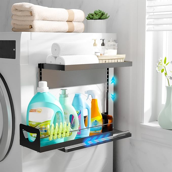 2 Tier Magnetic Storage Shelf with Pull Out Drawer, Height Adjustable Magnetic Organizer for Washing Machine & Fridge Side, No Drill Magnetic Rack for Laundry Room, Kitchen Storage (Black)