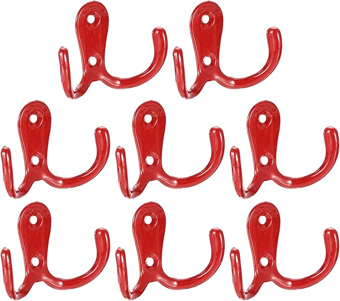 uxcell Wall Hooks, 8Pcs - Zinc Alloy Double Prong Retro Hook, Hooks for Hanging Towel Coat Backpack Clothes Scarf Keys Hat Cup (Red)