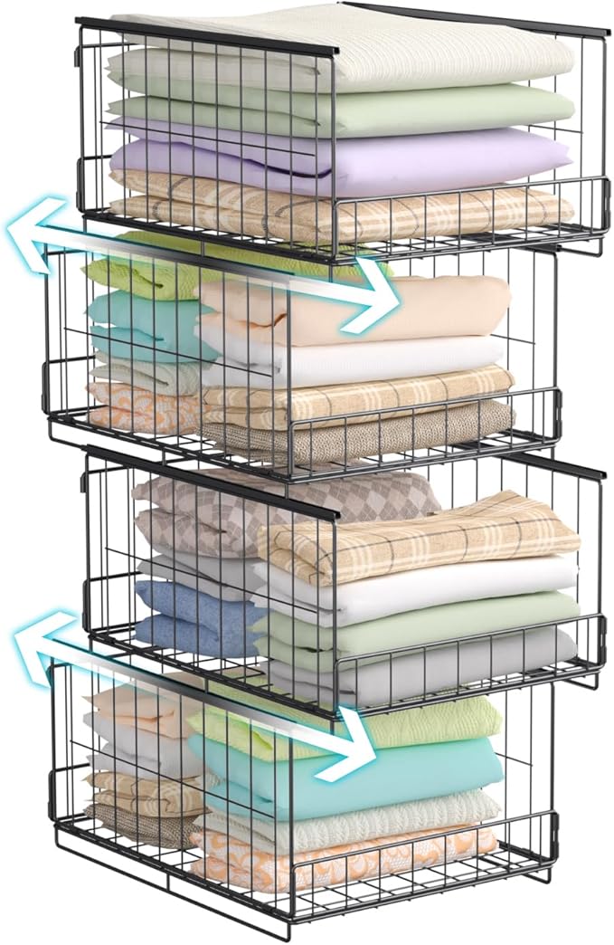 4-Tier Stackable Closet Organizers and Storage Shelves,Foldable Closet Shelf Organizer System, Space-Saving Clothes Storage Drawer Organizer for Wardrobe