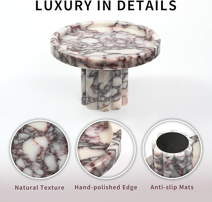 Marble Perfume Tray with Legs - Round Decorative Stone Pedestal for Bathroom Vanity Coffee Table Kitchen Countertop, Footed Jewelry Candle Organizers Catchall Plate Riser with A Scalloped Leg