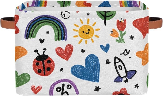 Cute Storage Bins for Organization, Canvas Book Storage Bins Handles, Bedroom Shelves Decorative Baskets for Organizing, Fabric Cube Bin Classroom Dorm Closet Organizer Box (Colorful Graffiti)