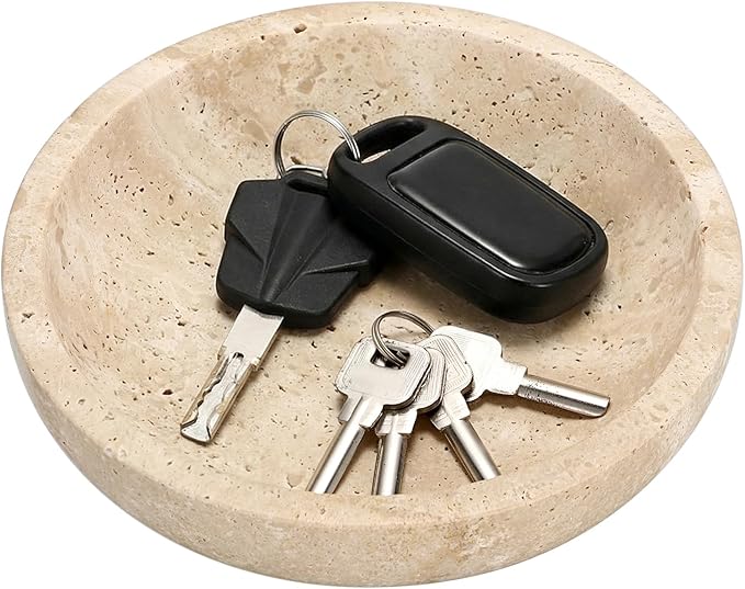 Hipiwe Key Holder for Entryway 7.9" Round Key Bowl Decorative Travertine Tray Nightstand Organizer Trays Jewelry Dish for Jewelry Ring Trinket Storage Home Decor
