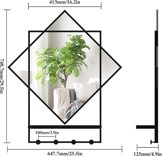 WONSTART Black Entryway Mirror with Hooks, 26" X 30" Wall Mirror with Hooks, Bathroom Mirror with Shelf, Rectangular Framed Wall Mirror with Shelf and Hooks