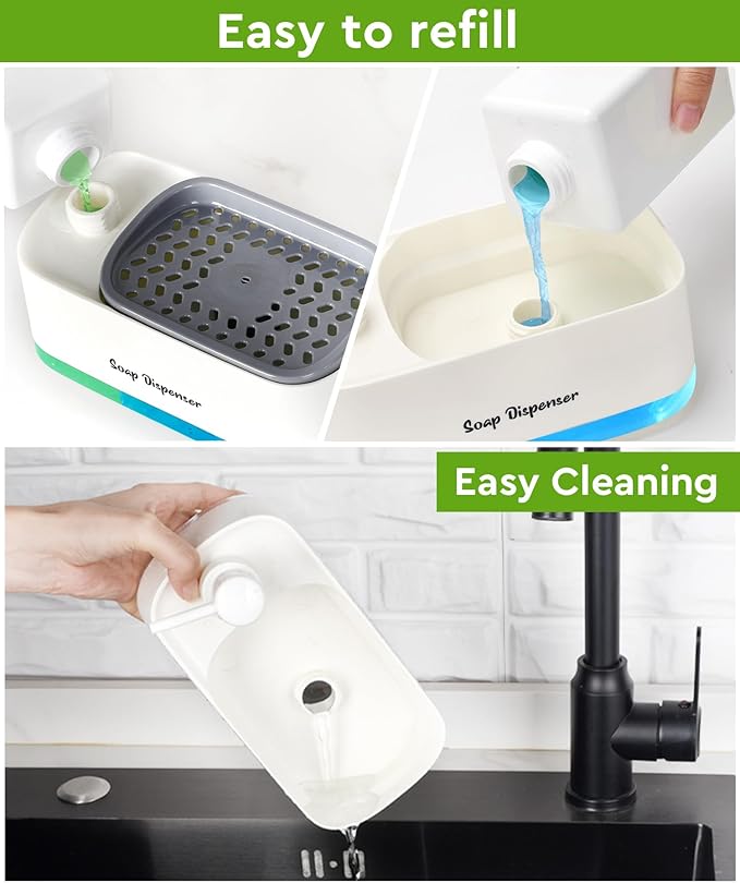 Hand and Dish Soap Dispenser Set for Kitchen, Dual Soap Dispenser with Sponge Holder, 3-in-1 Countertop Soap Pump Dispenser for Kitchen Sink, Useful Kitchen Gadgets - White