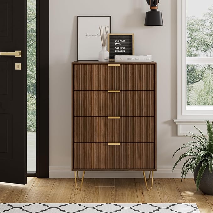 Masupu 4 Drawer Dresser, Drawer Chest, Tall Storage Dresser Chest Cabinet Organizer Unit with Gold Metal Legs, Nightstand for Bedroom, Living Room, Closet, Hallway Walnut Stripe