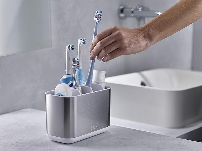 Joseph Joseph EasyStore Stainless-Steel Toothbrush Holder Bathroom Storage Organizer Caddy, Large