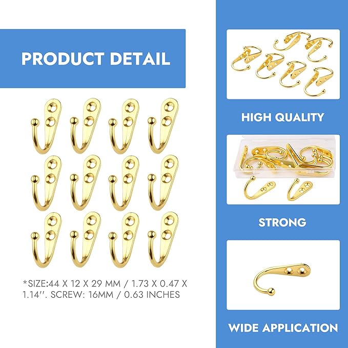 12 Pack Golden Coat Hooks Wall Mounted, Rustproof Zinc Alloy Metal Hooks for Hanging Coats, Heavy Duty Utility Key Holder Hooks with Screws for Bathroom, Entryway, Kitchen, Hat, Towel, Cup, Robe