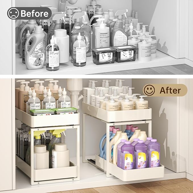 Pull Out Cabinet Organizer 1 pack 2 Tier Kitchen Under Sink Organizers and Storage for Clear Bathroom MultiPurpose Cabinet Organizer for Vanity Counter Cupboard Closet (1Set White)