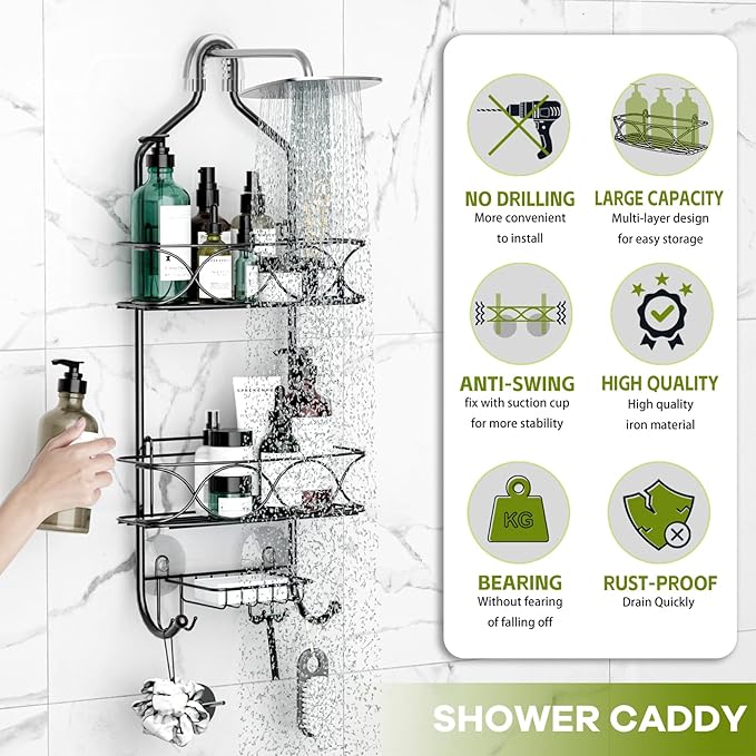 Shower Caddy Hanging Organizer, Over Shower Head Rack Removable Design For Versatile Storage of Bottles and Accessories With Suction Cup Hooks Black Coated