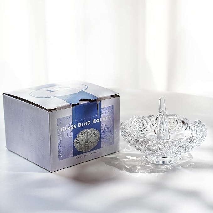 H&D HYALINE & DORA 4âClear Crystal Ring Holder,Round Glass Ring Dish,Jewelry Rack Ring Holder for Wedding,Jewelry Display Gifts for Mom Wife Girlfriend