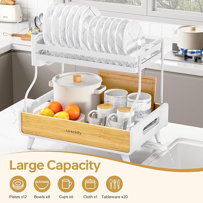 2-Tier Dish Drying Rack, Large Stainless Steel & Bamboo Dish Rack for Kitchen Counter, Dish Drainers with Adjustable Automatic Spout,Drying Rack Kitchen with Utensil Holder, White