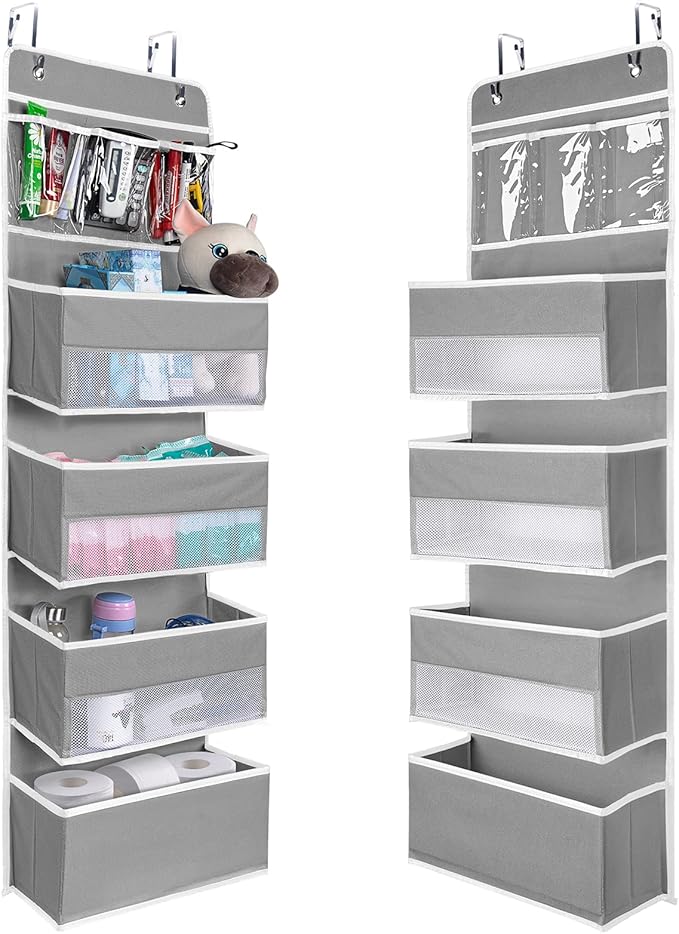 NesTidy Over The Door Organizer Storage, Wall Mount Hanging Organizer with 4 Large Capacity Pocket Organizers and 3 Small Pockets for Baby Essentials, Toys, Cosmetics, and Sundries (Grey, 1 Pack)