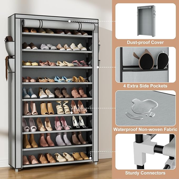 Shoe Rack with Cover Narrow Shoe Organizer with Pockets 10 Tier Tall Shoe Storage Holds 36-41 Pairs Shoes and Boots Shoe Rack for Closet Entryway Garage, Grey