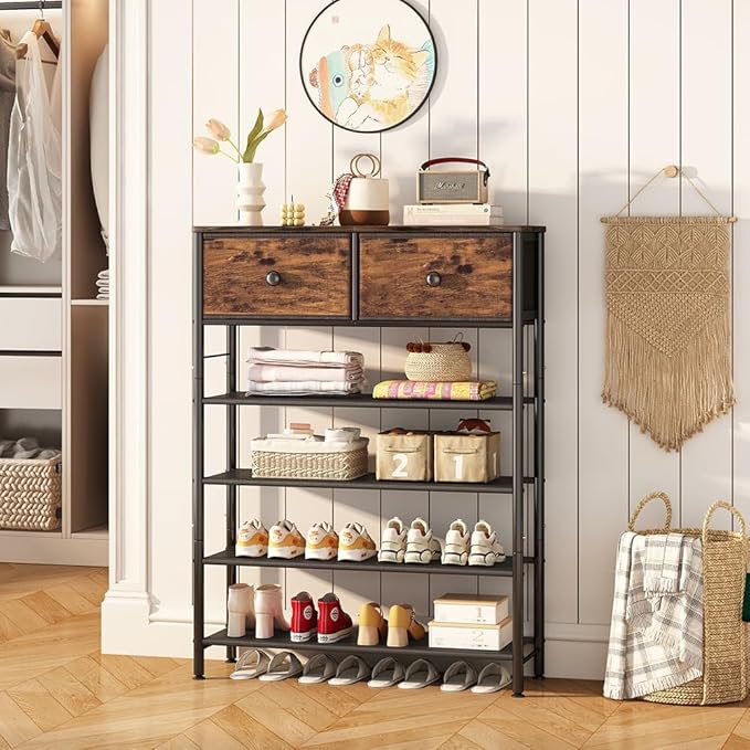 Shoe Rack Organizer 5 Tier Metal Organizer Shelf with Industrial MDF Board and Layer Fabric for Entryway Closet Bedroom Living Room Garage (Black+Rustic Brown, 5 Tier with 2 Drawers)