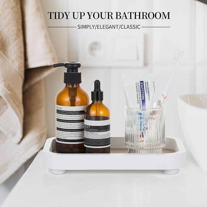 Hanobe Bathroom Vanity Perfume Tray: White Decorative Dresser for Women - Wood Stand Riser Rectangular for Home Decor - Pedestal Counter Display