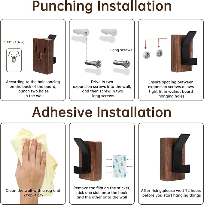 4 Pack Wooden Wall Hooks, Adhesive and Screw Mounted for Heavy Duty, Boho Decorative Coat Hooks for Towel, Clothes, Blanket, Hat, Entryway, Nursery Door