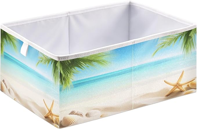 Blueangle Summer Beach Rectangle Storage Bin, 15.8 x 10.6 x 7 in, Large Collapsible Organizer Storage Basket for Home Décor