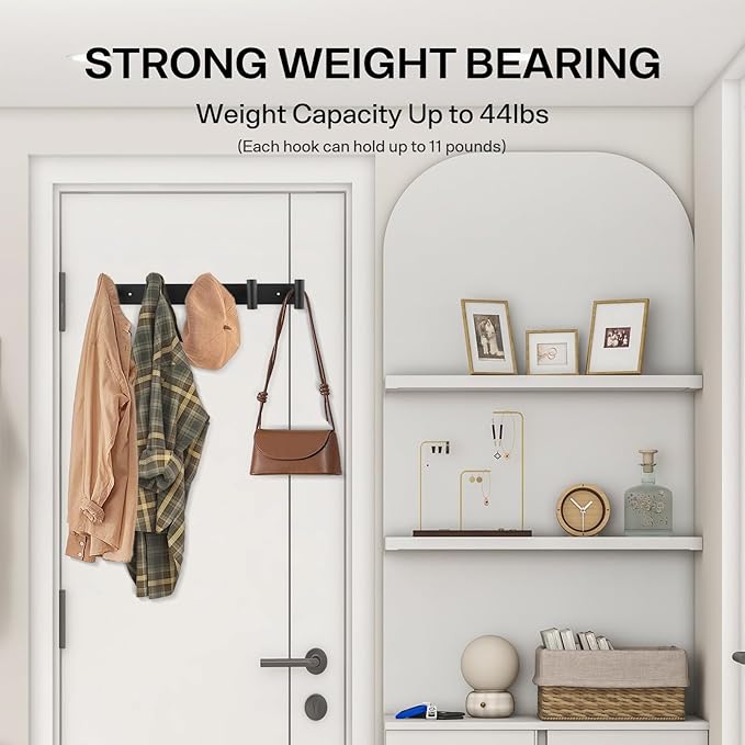 Black Wall Mounted Coat Rack – 5 T-Shaped Towel Rack for Hats, Bags & Towels, Stainless Steel Heavy-Duty Coat Hanger Towel Hooks for Entryway, Bathroom, Closet, Bedroom