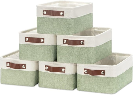 HNZIGE Collapsible Storage Baskets for Shelves(6pack) Small Fabric Bins with Handles, Linen Baskets Organizer Bins for Organizing Closet Nursery Home Shelves(White&Green, 11.8" x 7.8" x 5.1")