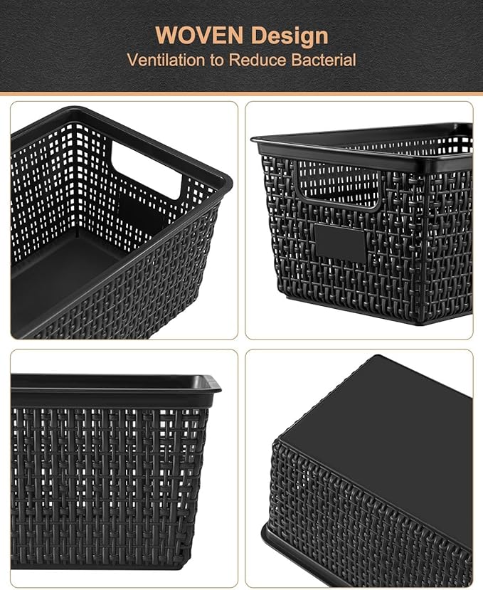 Set of 6 Baskets For Organizing, Plastic Storage Bins and Small Basket for Organization and Storage Shelves Drawers Desktop Closet Playroom Classroom Office, Black
