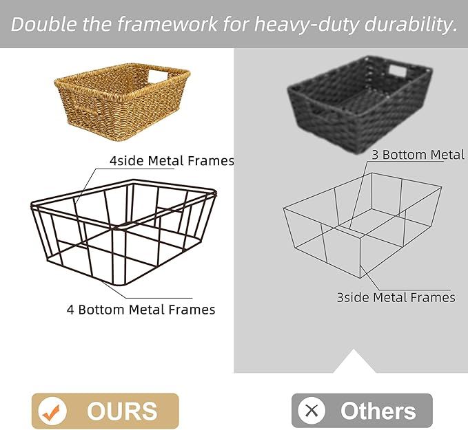 Wicker Storage Basket Water-resistant: Easy-Clean Stackable Baskets for Pantry, Kitchen,Rectangle Basket for Shelf,Tan,2-pack