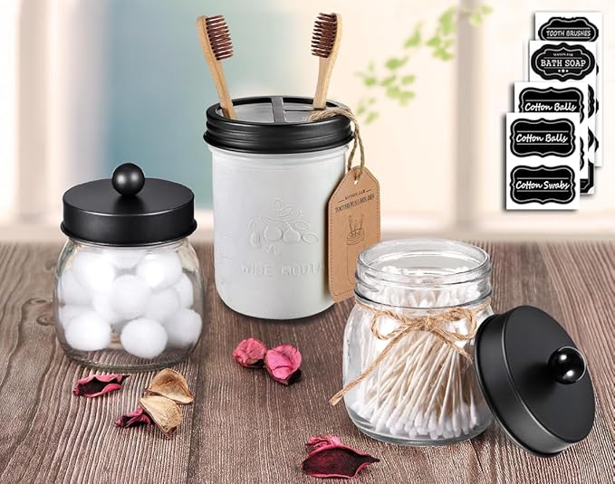 Mason Jar Bathroom Accessories Lids Set(4pcs) - Jars Not Included - Soap Dispenser, Apothecary Jars Lids for Regular Mouth Mason Jars, Wide Mouth Toothbrush Holder lid,-Stainless Steel,Black