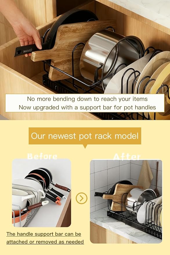 Pot and Pan Organizer for Cabinet & Drawer, Expandable Pan and Lid Rack with Handle Support Bar, Adjustable Cookware Storage for Pots, Lids, Bakeware