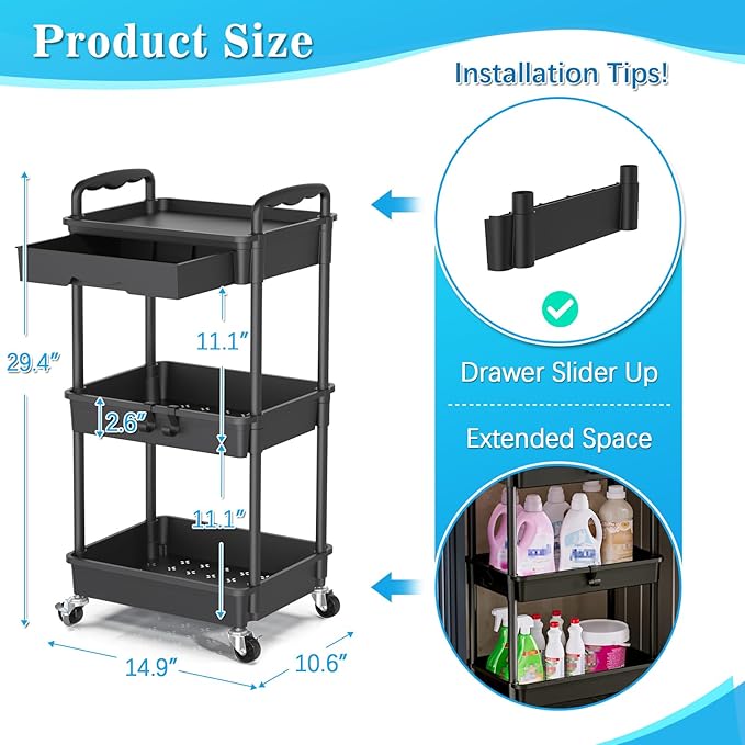 3 Tier Rolling Storage Carts with Removable Drawers, Lockable Wheels, Hooks & Cup Holders â Easy Assembly Storage Organizer for Kitchen, Bathroom, Office, Craft Room, Makeup, Black