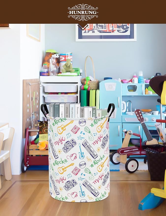 HUNRUNG Laundry Hamper,Large Canvas Fabric Lightweight Storage Basket Toy Organizer Dirty Clothes Collapsible Waterproof for College Dormsï¼Round-Musical instrumentï¼