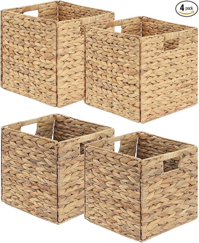 Foldable Wicker Storage Baskets 4-Pack, 11.2 Inch Collapsible Woven Cube Organizer Bins, Hyacinth Storage Baskets for Home, Shelf, Closet, Office Organization