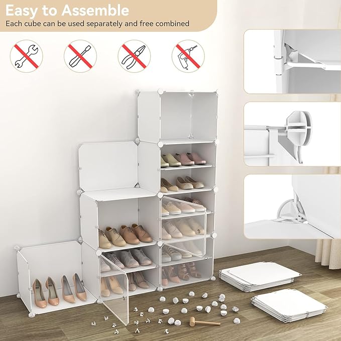 Portable Shoe Rack Organizer with Door, 80 Pairs Shoe Storage Cabinet Easy Assembly, Plastic Adjustable Shoe Storage Organizer Stackable Detachable Free Standing DIY Expandable 10 Tier White