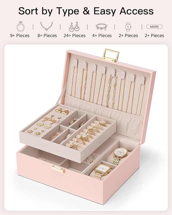 Vlando 2 Layer Jewelry Box Large Jewelry Organizer for Women Removable Jewelery Tray with Watch Pillow for Necklace Earrings Rings Bracelets Jewelry Boxes for Christmas Gifts Mother's Day Gifts (Pink)