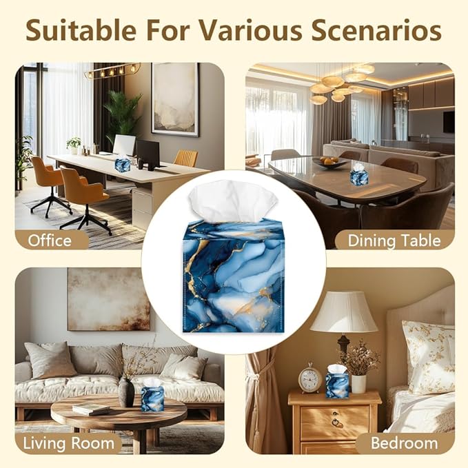 Blue Marble Tissue Box Holder, Square Tissue Box Cover Foldable Tissue Storage Box Waterproof Paper Towel Case Container Organizer Tissue Box Holder for Bedroom Office Car