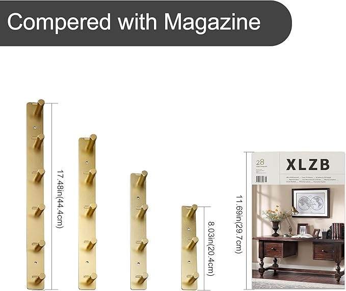 Gold 5 Wall Hooks, Brushed Gold Bathroom Hook Rail, Self Adhesive 5 Hooks Key Hook Rack Hanger Towel Robe Stick Hooks for Toilet Entryway Hallway Kitchen Wall Mounted