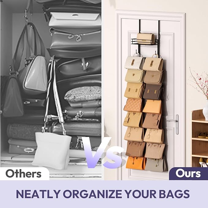Over The Door Purse Organizer with 16 Hooks and Metal Basket - Space-SavingPurse Rack and Bag Organizer for Closet，Door - Handbag and Purse Storage