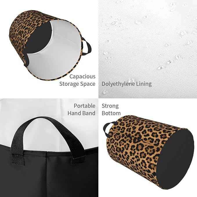 Leopard Cheetah Round Laundry Hamper Wildlife Fur Print Storage Basket Toys Clothes Organizer Bin For Home Bathroom Bedroom Dorm Nursery, 62l