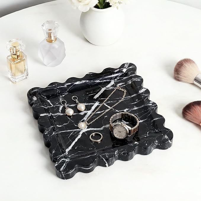 Elegant Square Marble Decorative Tray with Scalloped Edge Natural Stone Vanity Tray Organizer for Counter, Vanity, Dresser, Nightstand, Bathroom & Kitchen Sink(Black)