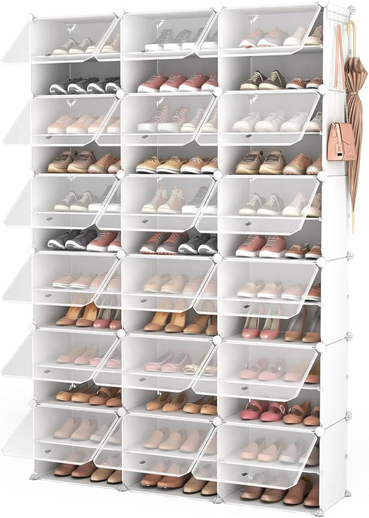 ROJASOP Portable Shoe Rack Organizer with Door, 72 Pairs White Shoe Storage Cabine Covered Shoe Rack Shoe Organizer for Closet Entryway Garage Closed Shoe Rack Organizer Cabinet with Doors