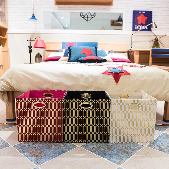 Posprica Storage Bins, Storage Cubes,13Ã13 Fabric Drawers Organizer Basket Boxes Containers (13Ã13Ã13/2pcs, Cream/gold geometry Pattern)