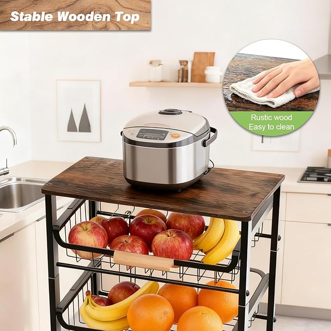 3-Layer Fruit Basket Kitchen Food Organizer and Rack Rolling Pantry Kitchen Cart On Wheels with Wood Top Table,Pull-Out Hollow Metal Basket for Sorting Spice Snacks Vegetables,Black