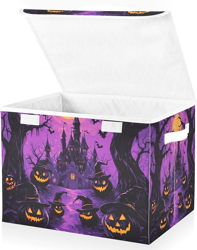 Collapsible Storage Bins with Lids Decorative Fabric Storage Cubes Closet Organizer and Storage Basket Boxes Containers for Clothes Box Chest Nursery Folding Rectangle Purple Castle Pumpkin