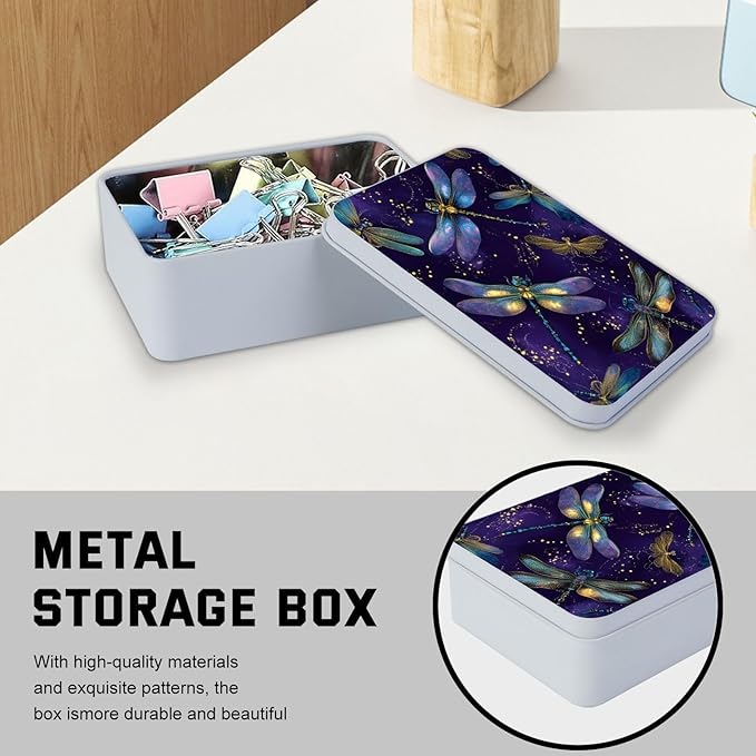 Metal Tin Box with Lid,Multi-functional Storage Box Can Store Tea Biscuits Game Cards, Playing & Tarot Cards-Comes with 4 Magnetic Cord Clips,Dragonflies on Purple