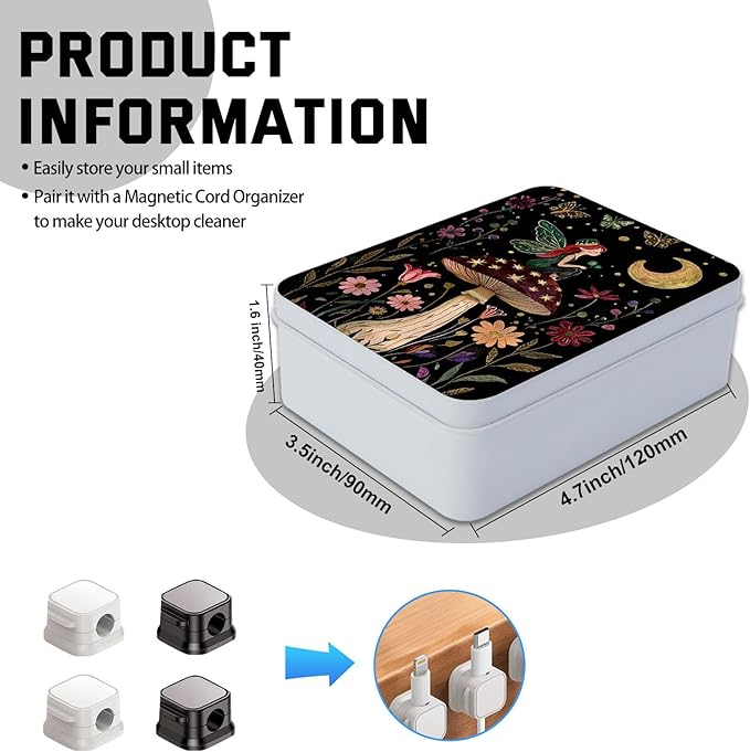 Metal Tin Box with Lid,Multi-functional Storage Box Can Store Tea Biscuits Game Cards, Playing & Tarot Cards-Comes with 4 Magnetic Cord Clips,Mushroom Fairy