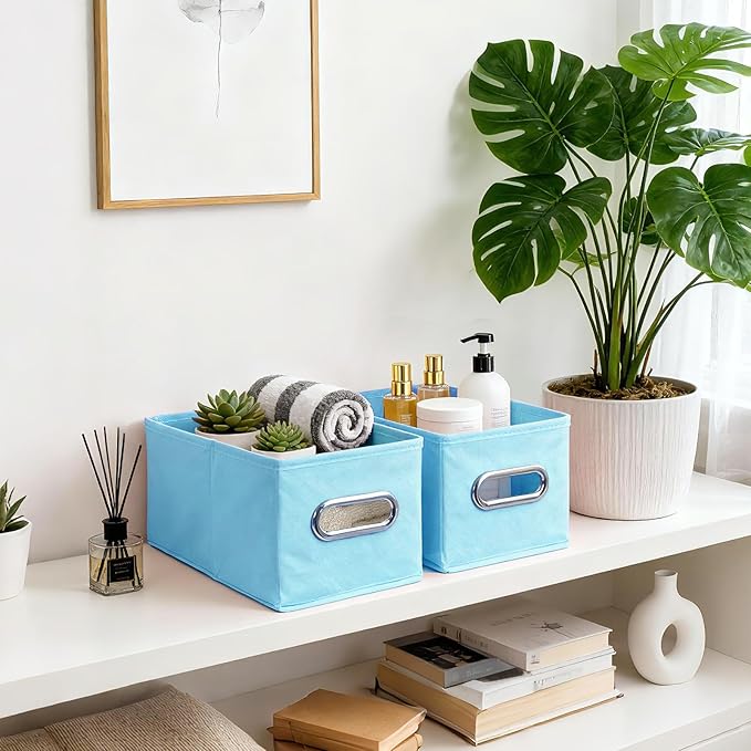 Narrow Storage Baskets for Shelves – Fabric Closet Organizers and Collapsible Storage Bins with Metal Handles – Space-Saving Baskets for Clothes, Towels, 5.9 x 11.8 x 5.9 inch (Sky blue)